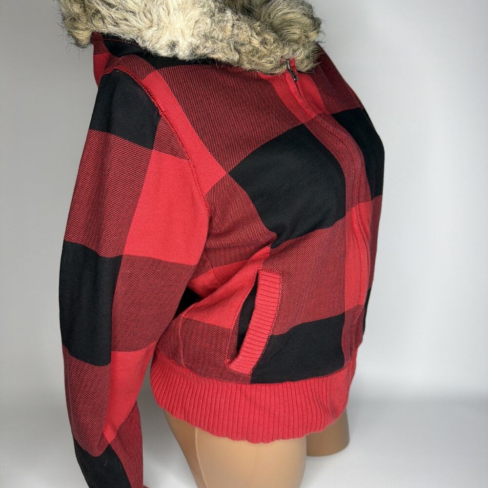 American Eagle Y2K Fur Fleece Lined Zip Up Hoodie Red Plaid Grunge Punk Size L - Picture 5 of 11